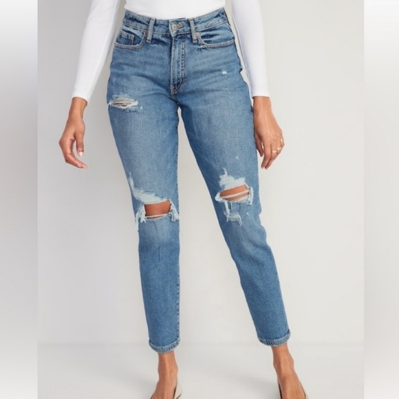 Old Navy O.G Straight High Rise Distressed Raw Hem Jeans Size Womens 12 Tall - Picture 3 of 15